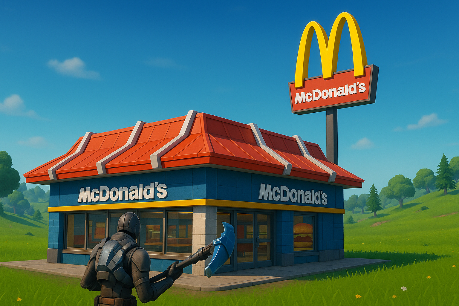 Target Audience - Fortnite character in front of McDonald's